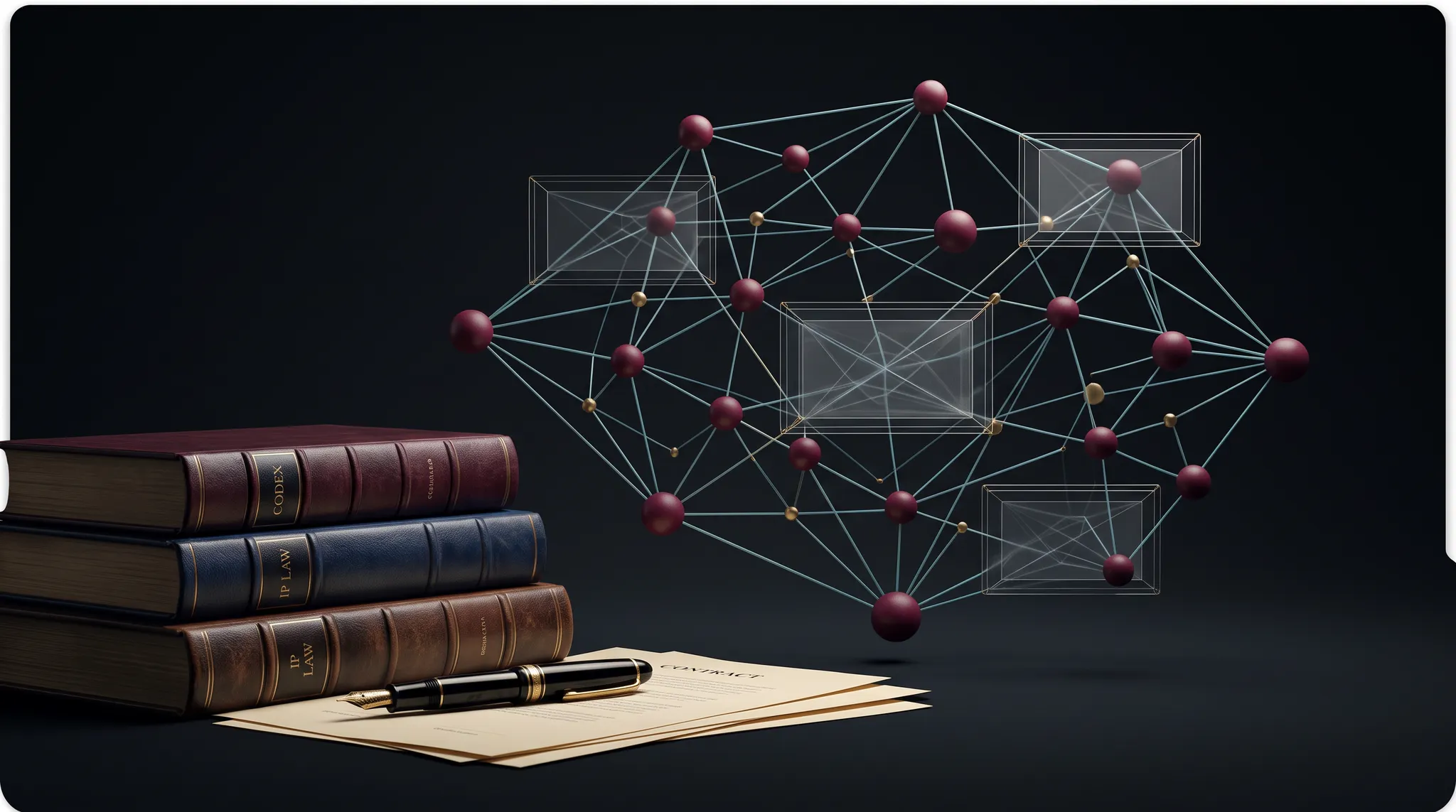 Legal books and documents beside an abstract network representing governed knowledge relationships