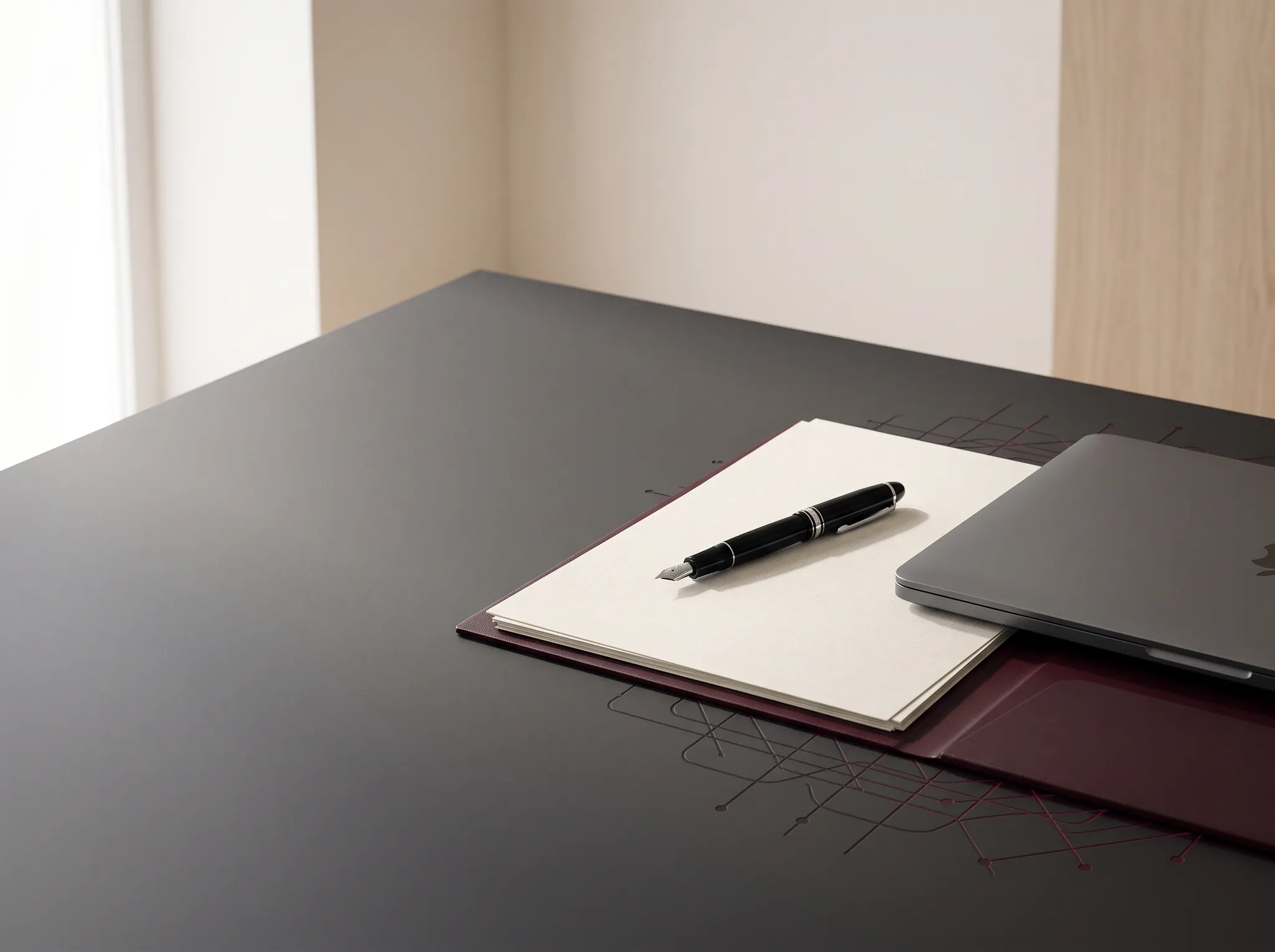 A precise legal advisory workspace with documents, pen, and technology